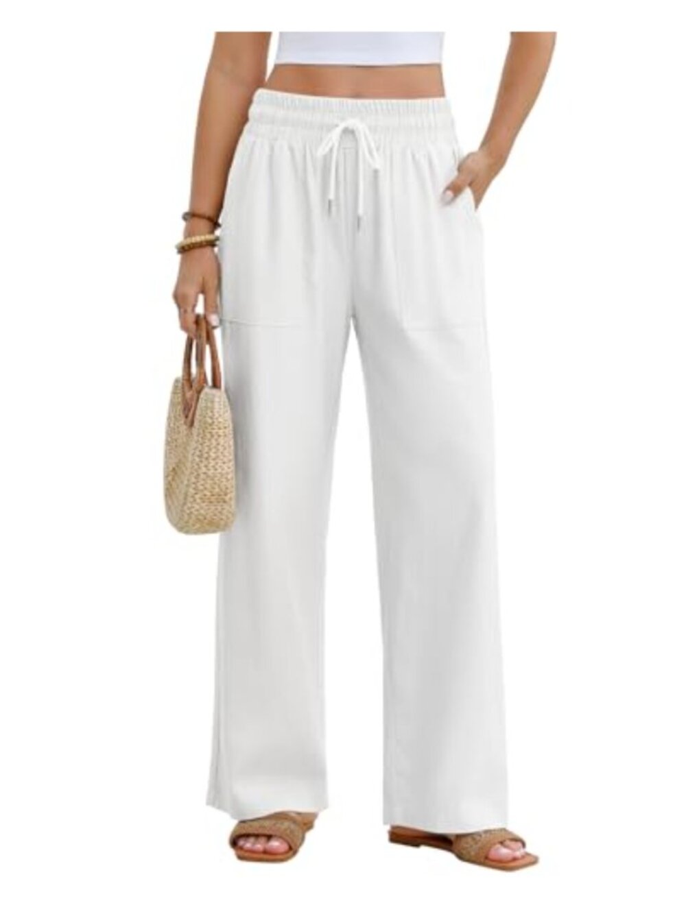 Linen Blend High Waist Wide Leg Palazzo Pants with Pockets